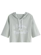 Romwe Pale Green Letters Print Hooded Top