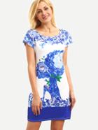 Romwe Blue And White Print Sheath Dress