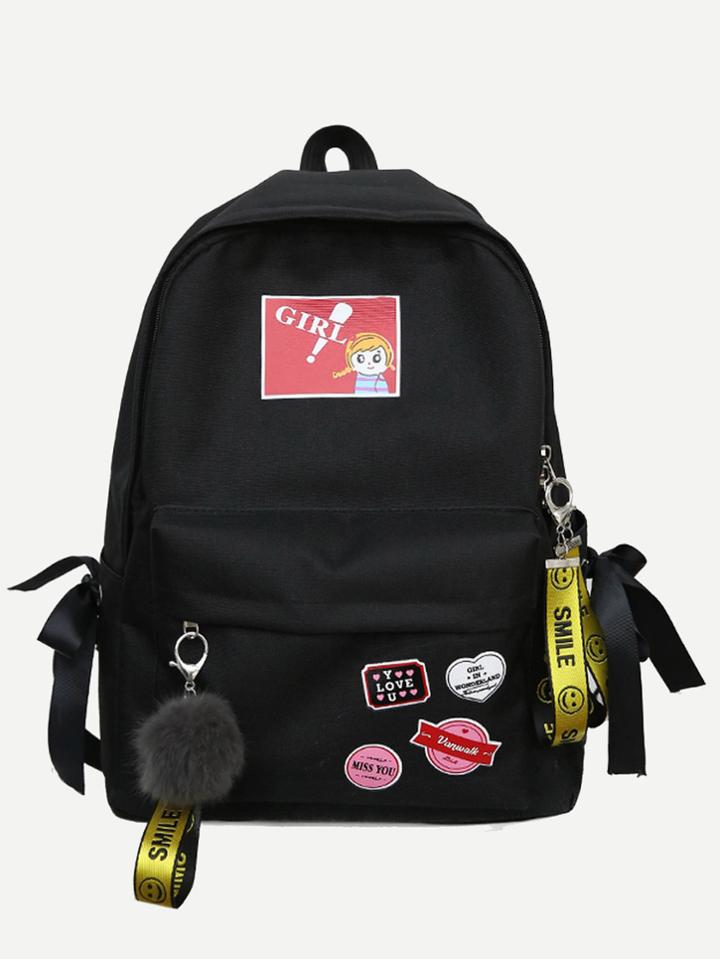 Romwe Cartoon Print Pom Pom Decor Backpack