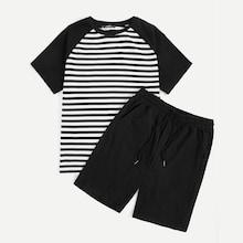 Romwe Guys Raglan Sleeve Striped Top & Bermuda Shorts Pj Set