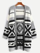 Romwe Grey Open Front Geometric Pattern Sweater Coat