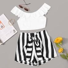 Romwe Ruffle Top & Tie Front Striped Shorts