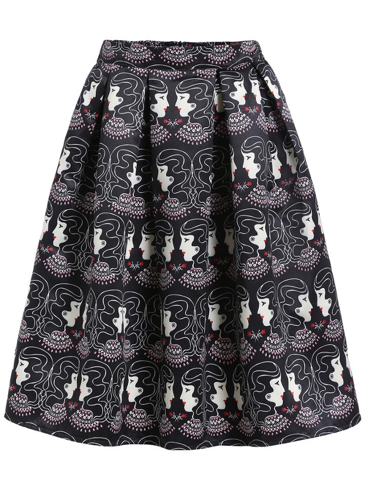 Romwe Elastic Waist Print A-line Skirt