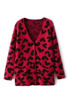 Romwe Heart Knitted V Neck Red Cardigan