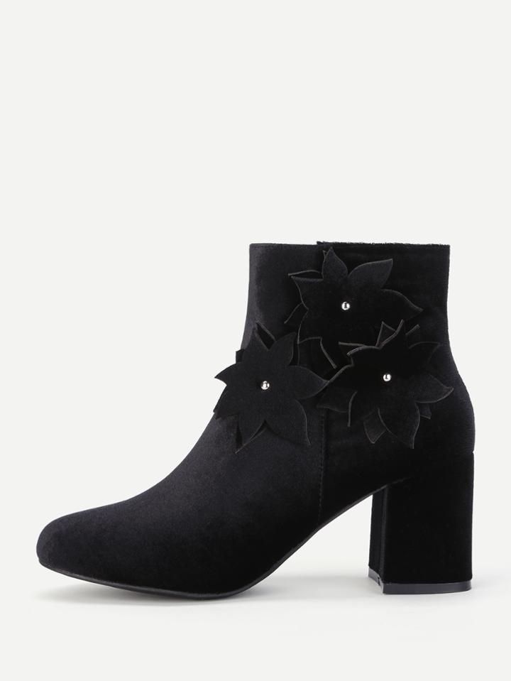 Romwe Flower Side Block Heeled Ankle Boots