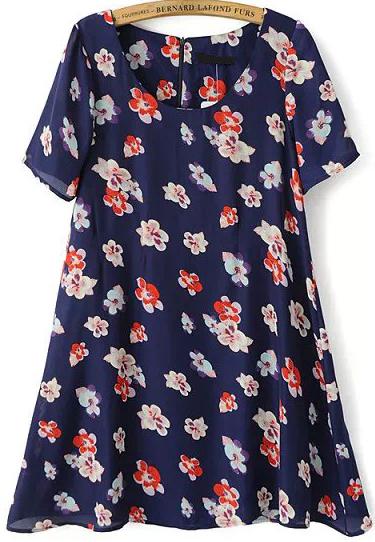 Romwe Floral Print Slim Blue Dress