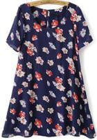 Romwe Floral Print Slim Blue Dress