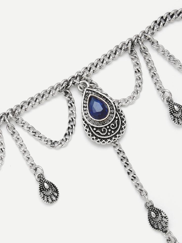 Romwe Water Drop Rhinestone Chain Bracelet With Toe Ring