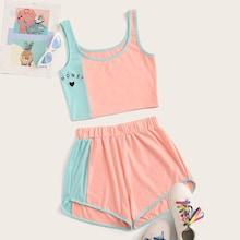 Romwe Cut And Sew Letter Print Top With Shorts