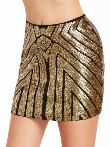 Romwe Gold Sequin Embellished Bodycon Skirt