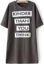 Romwe Letter Patch Loose Grey T-shirt