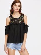Romwe Flower Embroidered Yoke Cold Shoulder Ruffle Top