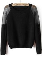 Romwe Sheer Mesh Shoulder Crop Black Sweater