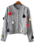 Romwe Grey Contrast Tassel Detail Button Front Sweater Coat