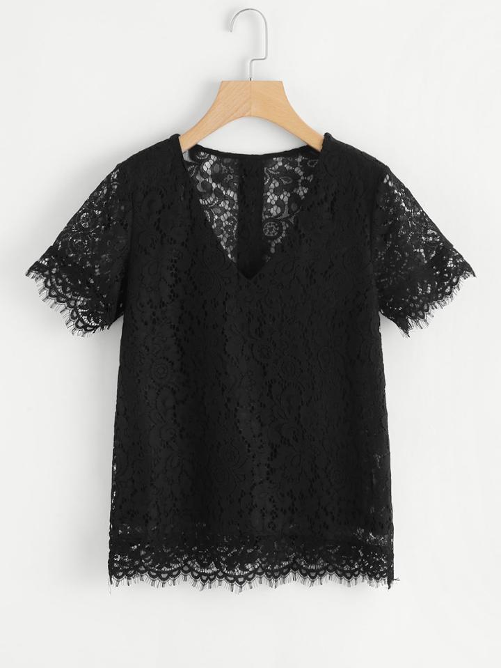 Romwe Button Back Floral Lace Top