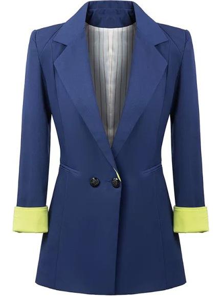 Romwe Notch Lapel Contrast Cuff Blue Blazer