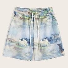 Romwe Guys Landscape Print Shorts