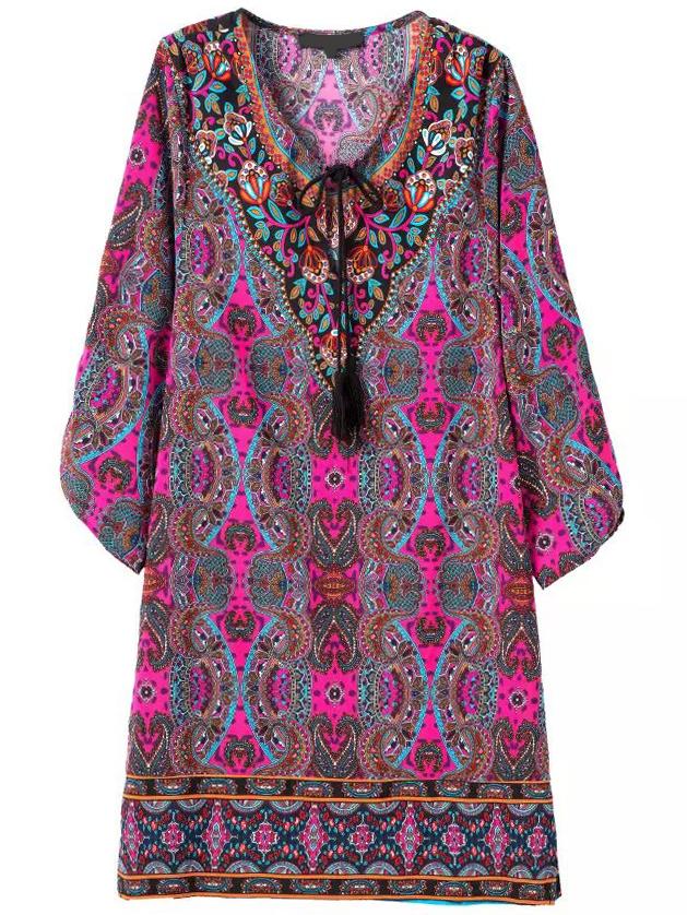 Romwe V Neck Tribal Print Lace Up Shift Dress