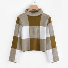 Romwe Mock-neck Checked Crop Jumper