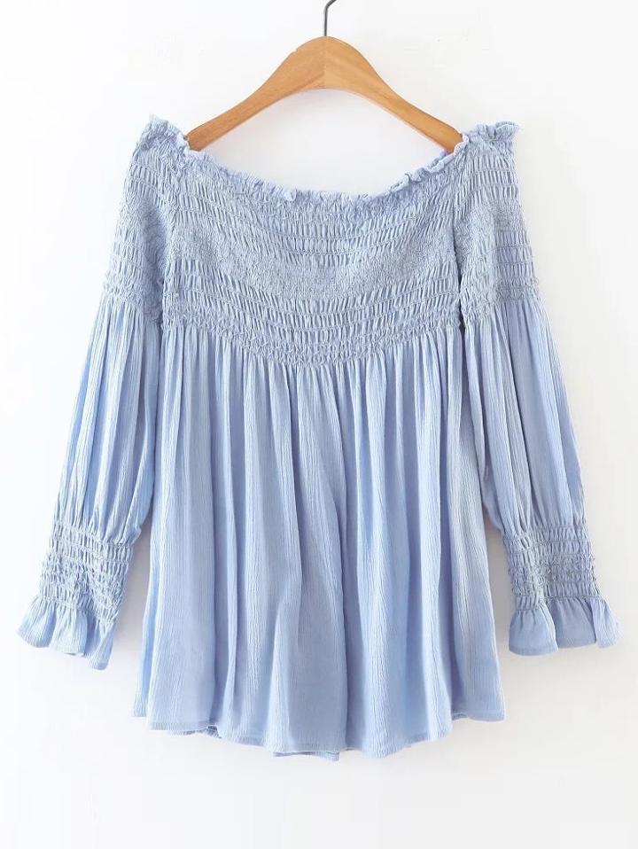 Romwe Shirred Off The Shoulder Pleated Blouse