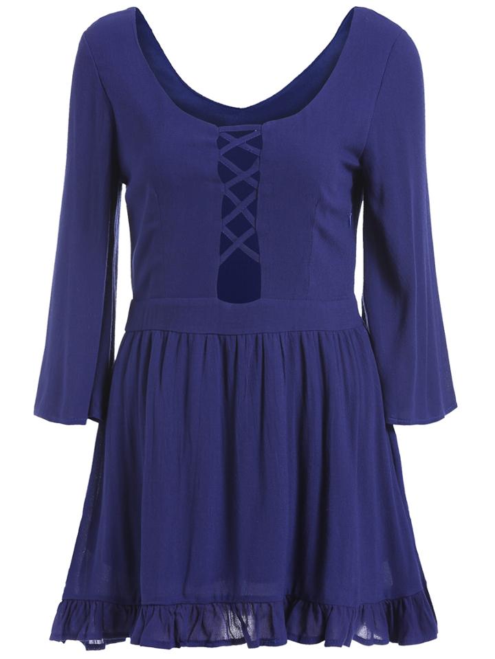 Romwe Scoop Neck Bandage Ruffle Blue Dress