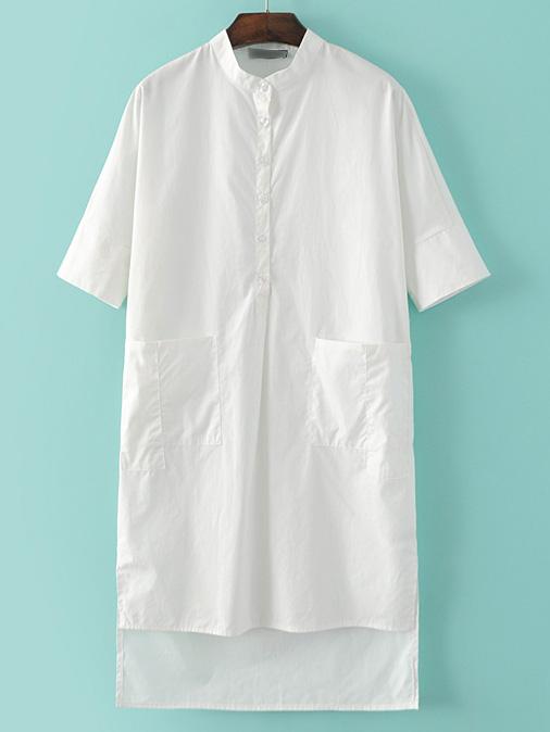 Romwe White Band Collar Buttons High Low Casual Dress