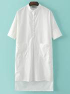 Romwe White Band Collar Buttons High Low Casual Dress
