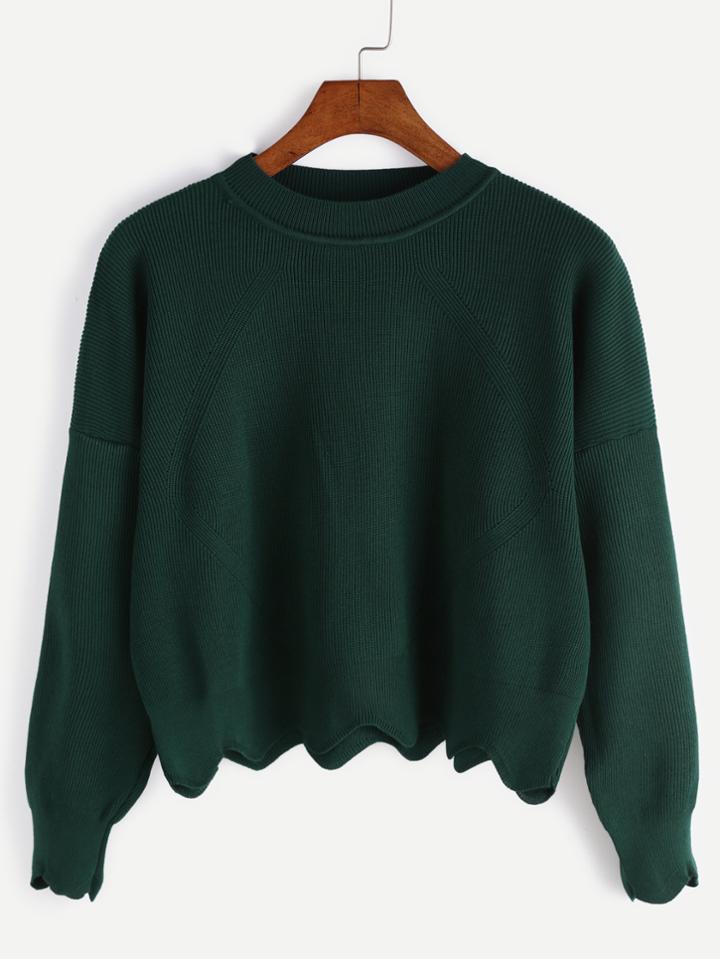 Romwe Dark Green Scalloped Crop Sweater