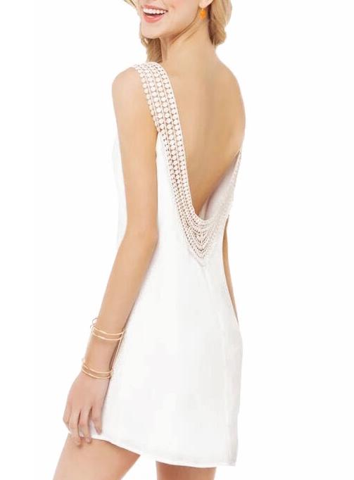 Romwe With Crochet Open Back A-line White Dress