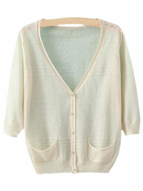 Romwe Beige V Neck Pockets Buttons Cardigan Sweater