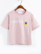 Romwe Cartoon Cat Print T-shirt - Pink