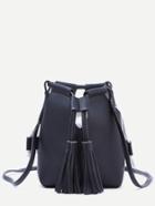 Romwe Black Tassel Drawstring Pu Bucket Bag