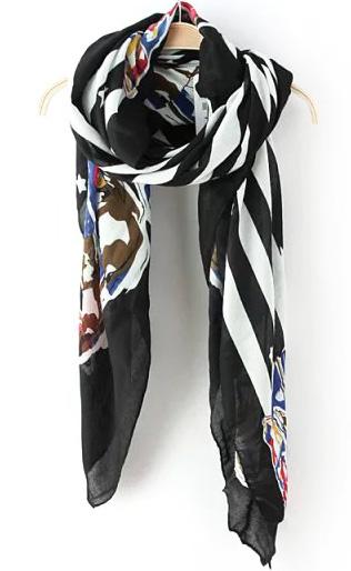 Romwe Star Print Striped Black Scarf