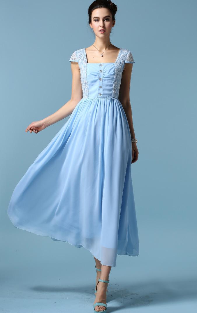 Romwe Lace Insert Square Neck With Buttons Pleated Dress