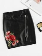 Romwe Rose Applique Asymmetric Hem Pu Skirt