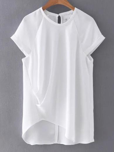 Romwe White Rolled Up Cuff Wrinkle Dipped Hem Blouse