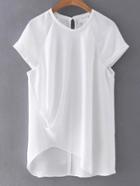 Romwe White Rolled Up Cuff Wrinkle Dipped Hem Blouse