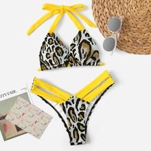Romwe Leopard Halter Top With High Cut Bikini Set