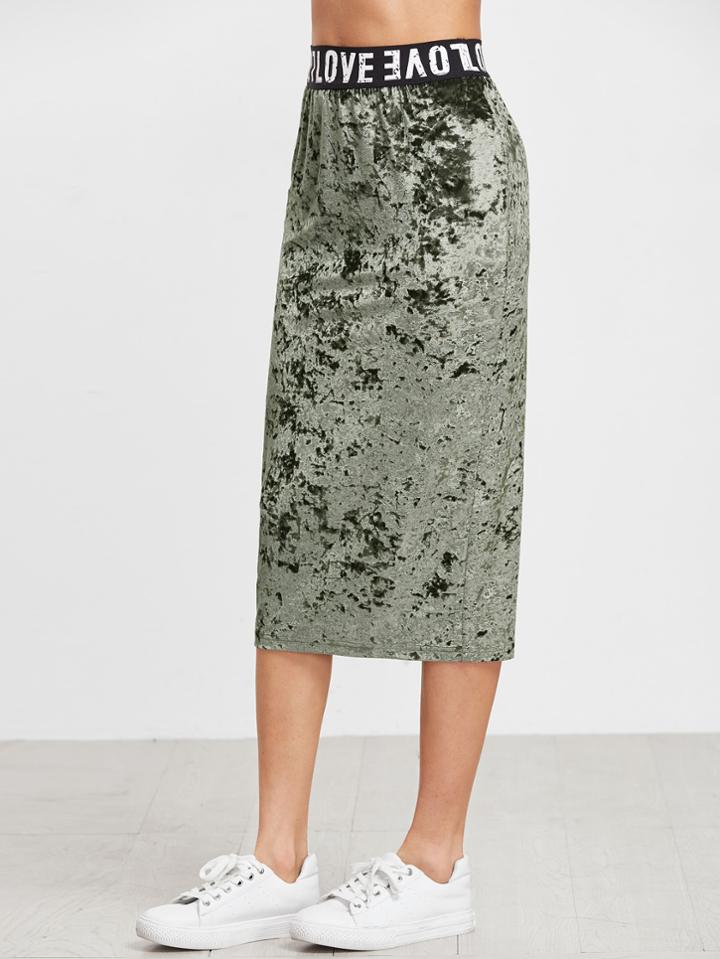 Romwe Olive Green Logo Waist Velvet Skirt