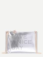 Romwe Silver Hollow Out Words Tassel Clutch Bag With Chain
