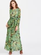 Romwe Palm Leaf Print Self Tie Maxi Chiffon Dress