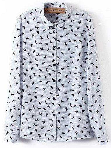Romwe Cat And Dot Print Blouse