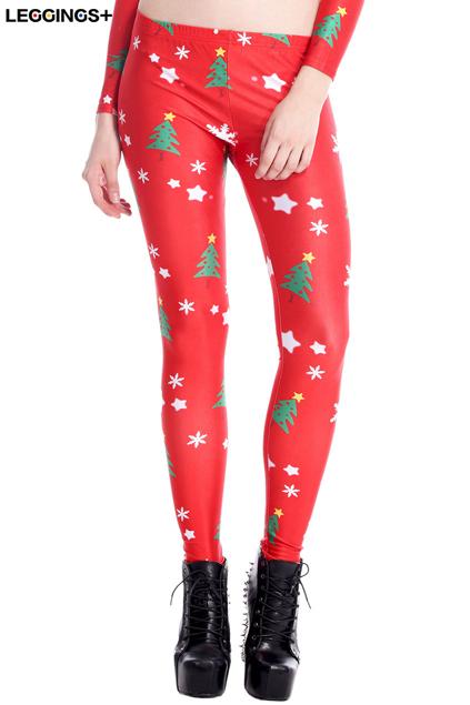 Romwe Romwe Snowflake & Christmas Tree Print Red Leggings