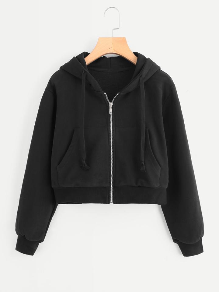 Romwe Ribbed Trim Crop Hooded Jacket