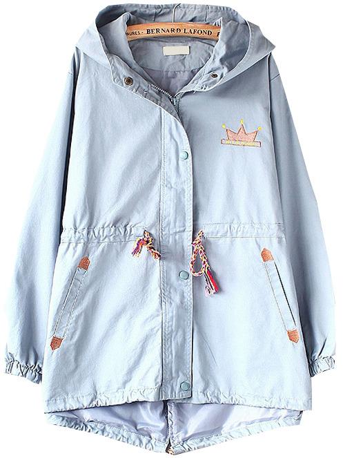 Romwe Pale Blue Embroidered  Drawstring Hooded Coat