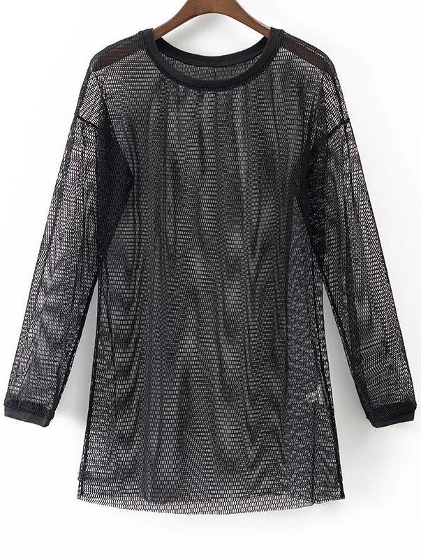 Romwe Black Long Sleeve Casual Mesh Dress