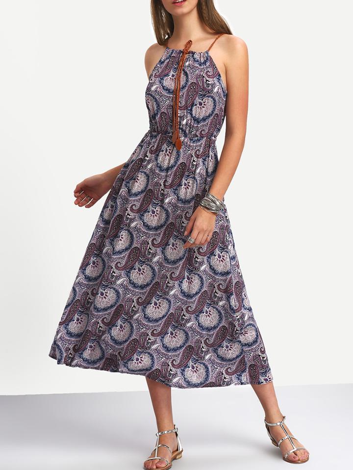 Romwe Paisley Print Tasselled Tie Racer Dress