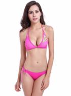 Romwe Lepoard Print Triangle Bikini Set - Hot Pink