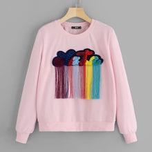 Romwe Fringe Detail Embroidered Hoodie