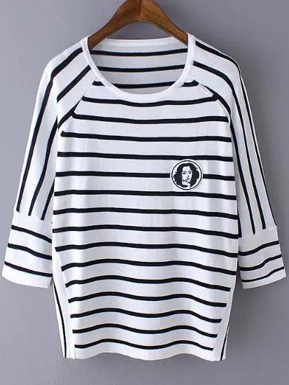 Romwe Bat Sleeve Striped White Sweater